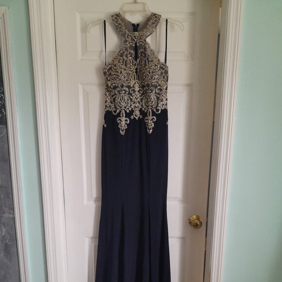 "XSCAPE"  Halter Top Navy Blue and Gold Gown sz 6 - Picture 1 of 11